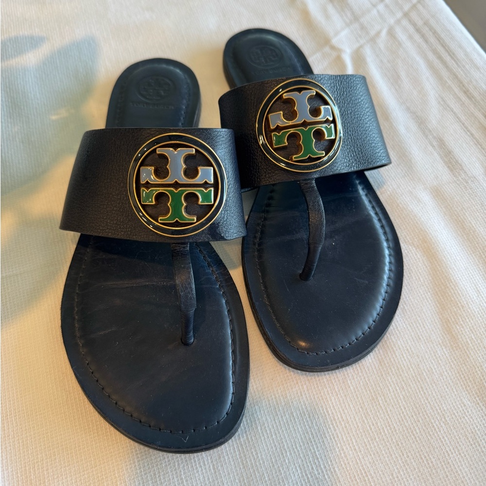 Tory Burch Navy Blue, Green and Gold Sandals